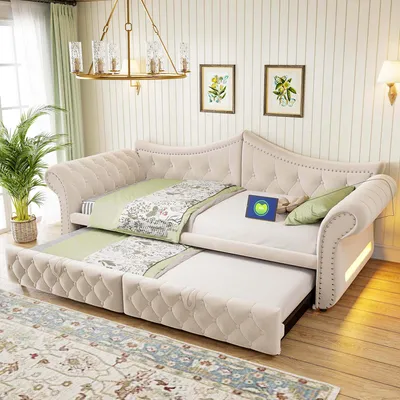 Immagine prodotto di Divano letto Flieks 90x200 cm / 180x200 cm con meccanismo estraibile, divano letto imbottito trasformabile in chaise longue con porta USB, letto per ragazzi con illuminazione, divano letto in velluto, color beige
