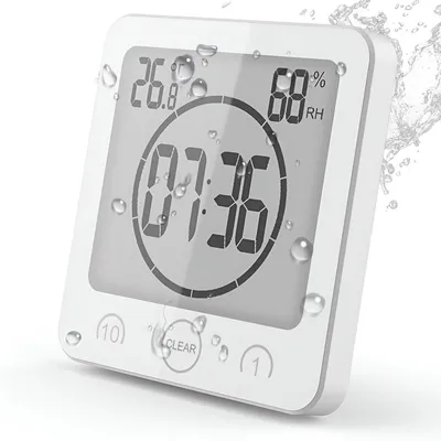 Produktbild von Minicee Digitale Badezimmeruhr mit Timer, LCD Dusch Uhr wasserdicht, Temperatur und Luftfeuchtigkeit, Wand- und Standmontage