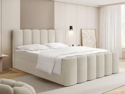 Produktbild von Boxspringbett mit Bettkasten – Polsterbett 180 x 200 cm mit H4 7-Zonen-Taschenfederkernmatratze & 5 cm Komfort-Topper – Stauraumbett mit hohem Kopfteil – Boucle Creme
