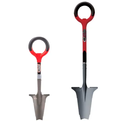 Produktbild von Root Slayer Set Wurzelspaten + Mini Wurzelspaten mit Stiel, ergonomisch & robust, Spaten & Schaufel mit Schneidspitze & Wurzelsäge, rot