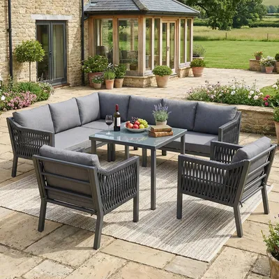 Produktbild von Garten-Essgruppe 8 Personen, Eckstellung, Verzinktes Eisen, Glastisch, Handgewebtes Seil, Esstisch, 2 Sessel, Ecksofa, Grau