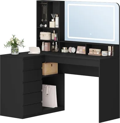Productafbeelding van Make-uptafel met grote spiegel, make-uptafel met LED-verlichting, L-vormige hoektafel met 5 lades en 7 open vakken, kettinghaken, geschikt voor slaapkamer of kleedkamer, modern design, zwart. (Modelnummer: DT42506XEU)