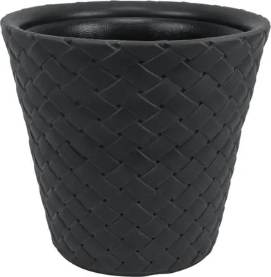 A black woven planter pot is shown against a white background.