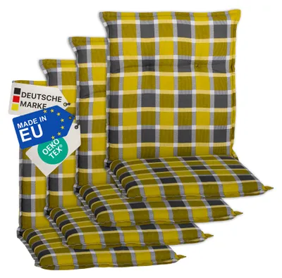 Produktbild von NYVI Gartenstuhl Auflagen Niedriglehner 4er Set Barcelona - UV-Beständig, Atmungsaktiv, Strapazierfähig - Niedriglehnerauflagen Sitzkissen Outdoor - Sitzauflagen für Gartenstühle 100x50cm Karo Gelb Grau