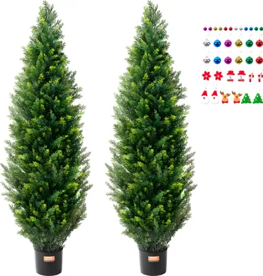 Produktbild von VEVOR Umelý topiary céder, výška 152,4 cm (2 kusy), s ďalšími listami a kvetináčom, umelá vždyzelená rastlina borovice cyprus, umelá zelená súprava s UV ochranou