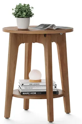Produktbild von Beistelltisch - Runder Sofatisch/Nachttisch - Holz - Mit Ablageboden - Klein - Modern - Gelb
