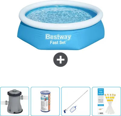 Produktbild von Bestway runder aufblasbarer Fast-Set-Schwimmpool – 244 x 61 cm – Blau – inklusive Pumpe Filter - Reinigungskit - Teststreifen