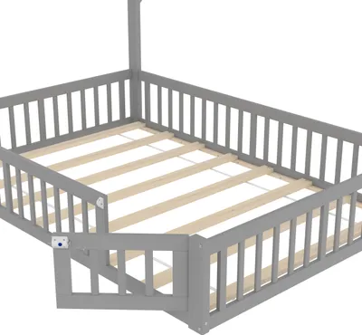 Produktbild von okwish Kinderbett 140x190 Bettgestell ohne Matratze mit Lattenrost,Flachbett mit Schornsteindesign und Sicherheitsgitter,aus Kiefernholz,Grau