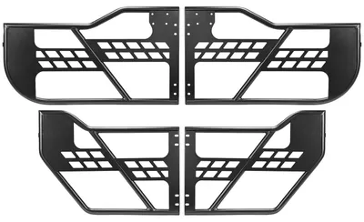 Imagen del producto de Puertas tubulares para Jeep, modelo de 4 puertas, compatibles con los modelos Wrangler JL JLU de 2018 a 2026 y Gladiator JT de 2020 a 2026. Puertas semitubulares de acero para uso todoterreno, tanto delanteras como traseras, con espejos retrovisores laterales certificados por DOT y protectores de goma