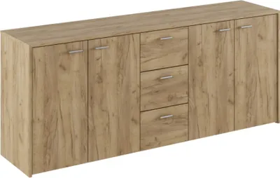 A long, low sideboard or dresser with a wood-grain finish.