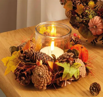 Produktbild von Windlicht "Herbst" Dekokranz klein & bunt, Ø 24 cm mit Kerzenglas, Herbstkranz, Tischkranz, Herbst Deko Kranz