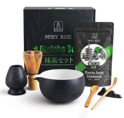 Produktbild von Mary Rose - Matcha Tee Geschenkset Japanische Ceremonial 30g - Mit Schwarz Keramik Matchawan Schale Kurai 470ml - Bambus Chasen, Chashaku, Halter
