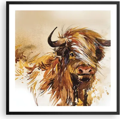 Produktbild von Gerahmtes Poster - Schwarzer Rahmen - Stier Scotch Aquarell - 60x60 cm - Wand Bild - Wanddeko - Wandbilder - Kunstposter - Wandposter - Bilderrahmen - Bilder - Kunstdruck - P2BAC60x60-4708