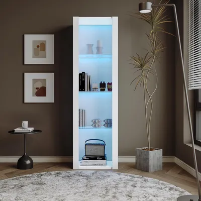 Produktbild von Merax Hochglanz Vitrinenschrank mit LED-Beleuchtung, Hochschrank mit 3 Glasböden, Stehschrank Vitrine aus MDF, Lagerschrank, Weiß