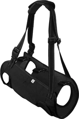 A black dog support harness is shown against a white background.