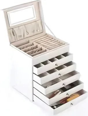 Produktbild von Schmuckkästchen Valora – Schmuckkästchen für Damen – Organizer mit 6 Lagen, Spiegel & Schubladen – Schmuckaufbewahrung für Ringe, Ketten, Armbänder & Uhren – Weiß