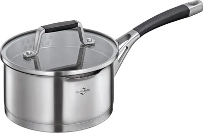 Produktbild von Stahlpfanne mit Deckel aus Sicherheitsglas und Ausgießer - geeignet für Induktion - feines und grobes Sieb - Ø 16 cm