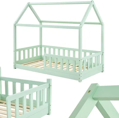 Produktbild von Kinderbett im Haus-Design – Kindbett mit Schutzgitter – Für sicheren Schlaf – Massivholz – 80 x 160 cm – Mintgrün