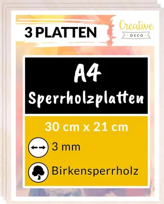 Produktbild von Creative Deco 5 x A4 Sperrholzplatte 21mm | 300 x 210 (+/- 0,5) mm | Birkensperrholz für Laubsäge, Brandmalerei, Laserschnitt, CNC