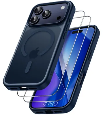 Image de Coque + 2 Verres Trempés pour iPhone 17 Pro, Silicone et PC Antichoc avec Cercle Magnétique - Bleu Marine