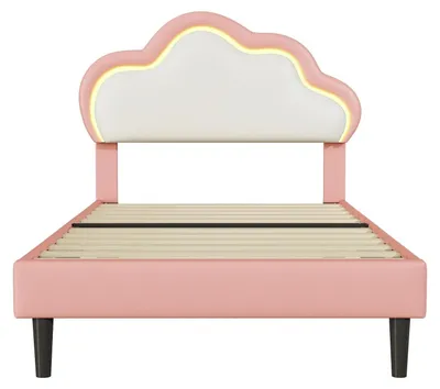 Immagine prodotto di Letto imbottito a LED - Letto per bambini 90x200 cm - Letto singolo per bambine - Letto a forma di principessa con testiera a forma di - Legno di faggio - Ecopelle rosa - Senza materasso