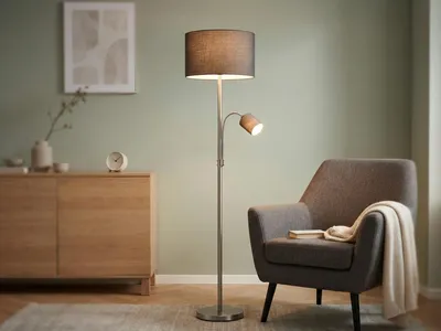 Produktbild von Große LED Stehleuchte mit Leselampe Stoffschirme Grau Stehlampen Wohnzimmer