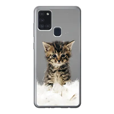 Produktbild von MuchoWow® Handyhülle Schutzhülle Hülle für Samsung Galaxy A21s Katze - Kätzchen - Federn Silikon Softcase Handy Hülle - Hartschale