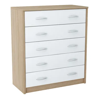 Produktbild von Kommode mit 5 Schubladen mit matter Oberfläche, Kommode 74cm breit Holz Schrank Kommode mit Schubladen Sideboard Highboard Anrichte Sonoma-Weiß