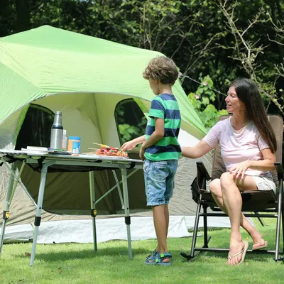 Produktbild von Campingtafel, klappbar, höhenverstellbar, 45-70 cm, Klapptisch, Aluminium, 90 x 53 cm, rollbar, Campingtisch, faltbarer Tisch, leicht, silber
