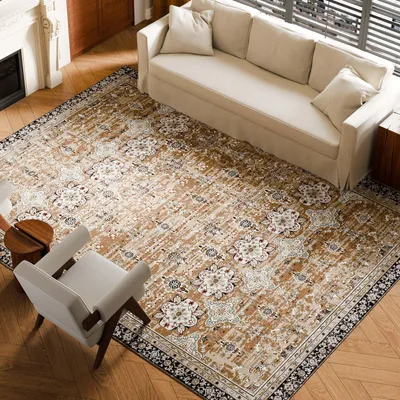 Produktbild von Teppich - Kurzflor - 274 x 366 cm - Waschbar - Rutschfest - Vintage-Design - Für Wohnzimmer, Schlafzimmer, Kinderzimmer - Braungrün