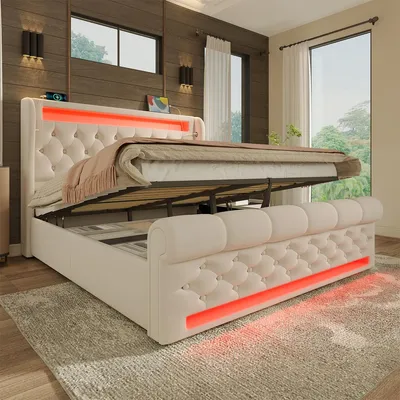 Obrázek produktu pro Čalouněná postel s hydraulickým zvedáním a LED osvětlením, dvojlůžko pro mládež, sametová, 140 x 190 cm, béžová