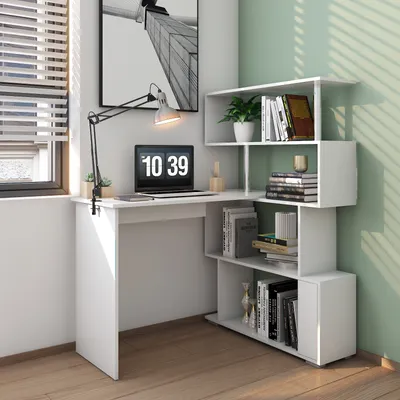 Image de Mondeer Bureau, bureau d'angle, bureau informatique pivotant, blanc