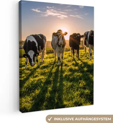 Produktbild von MuchoWow® - Leinwandbilder - Kühe - Sonne - Gras - Tiere - Bauernhof, Wandbild, Wanddeko Bilder Wohnzimmer, 90x120 cm