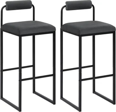 Two dark gray bar stools with black metal frames are shown against a white background.