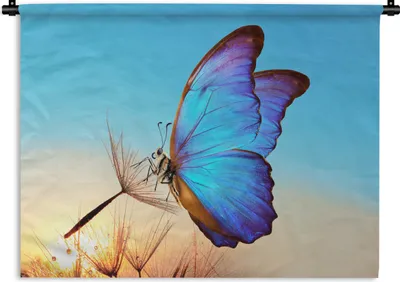 Produktbild von MuchoWow® Wandteppich Wandbehang Schmetterling - Löwenzahn - Blau 90x67.5 cm Tapisserie Dekoration Wandtuch - Fototeppich - Wand-Skulpturen