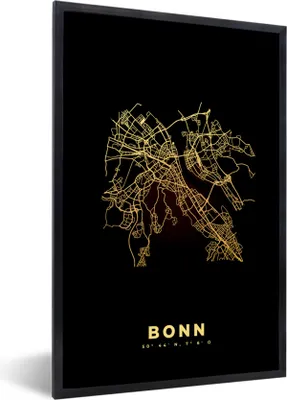 Produktbild von MuchoWow® Gerahmtes Poster Karte - Bonn - Gold - Stadtplan 20x30 cm - Poster mit Schwarzem Bilderrahmen Wandposter Rahmen Foto Bilder - Drucken - Bilder Poster im Rahmen