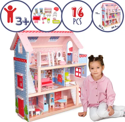 Produktbild von Infantastic® Puppenhaus - aus Holz, 3 Etagen, mit LED, Zubehör/Möbel, ab 3 Jahre, für 13cm große Puppen - Doll House, Puppenvilla, Spielhaus
