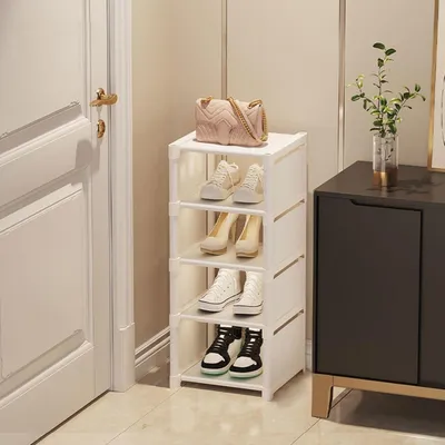 Productafbeelding van Schoenenrek, wit, smal, 5 niveaus, 27x26 cm, ruimtebesparend, open model, geschikt voor hal of slaapkamer