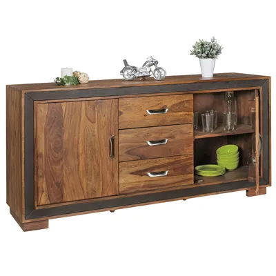 Produktbild von Design Sideboard Sheesham Massivholz mit Kunstleder 160x44x80 cm | Anrichte im rustikalen Landhausstil | Kommode mit Schubladen & Türen