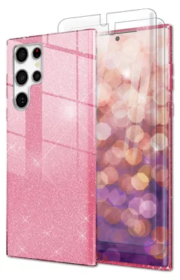 A pink glitter phone case and screen protector.