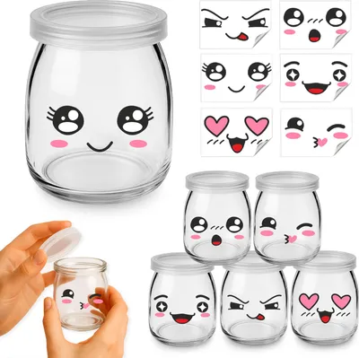 Zdjęcie produktu dla SuperButelki - 12x Słoiczek szklany 160 ml z pokrywkami i naklejkami z nadrukiem do serwowania deserów, galaretek, kawaii, słoiczki buźki