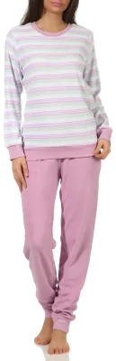 Produktbild von Damen Frottee Schlafanzug mit Bündchen Pyjama in edler Streifenoptik  - 202 201 13 362 ; lila , 36/38