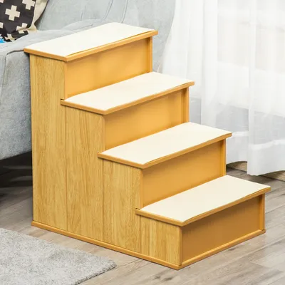 Produktbild von Haustiertreppe 4-stufig für Hunde und Katzen, Tiertreppe rutschfest, MDF Kurzplüsch, Naturholz | 40x59x54,2 cm | bis 30 kg | abnehmbare Stufen