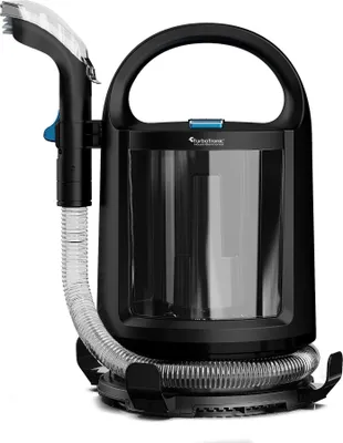 A black multi-purpose cleaner with a transparent tank and a hose attachment.
