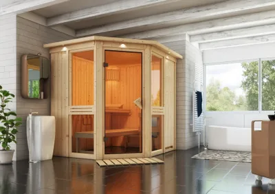 Produktbild von Karibu Sauna Innensauna Amelia 1 Eckeinstieg ohne Zubehör 210x184x202 cm mit Dachkranz