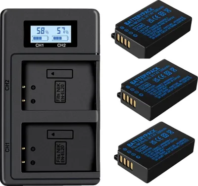 Immagine prodotto di Batteria per fotocamera, caricatore doppio USB, compatibile con fotocamere digitali compatte, 3 batterie 1 caricatore