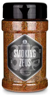 Obrázek produktu pro Ankerkraut Smoking Zeus, Práškové koření, Piment, Černý pepř, Chilli paprička, Semena koriandru, Římský kmín, Česnek, Majoránka,..., Konzervant, 200 g, Plastová nádoba, 1 kusů