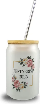 Produktbild von Rentnerin 2025 Blumen Trinkglas mit Bambusdeckel für den Ruhestand