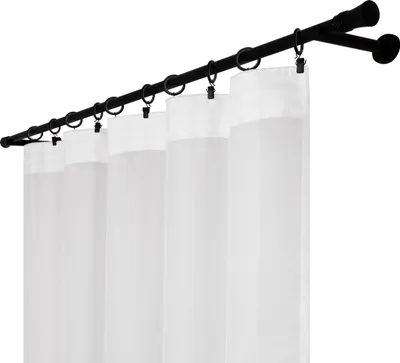A close-up view of white sheer curtains hanging from a black curtain rod.
