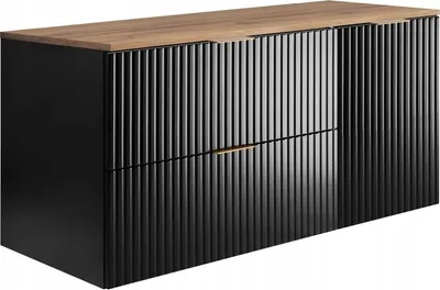 A black bathroom cabinet with a wooden top and fluted doors, shown from a three-quarter angle against a white background.